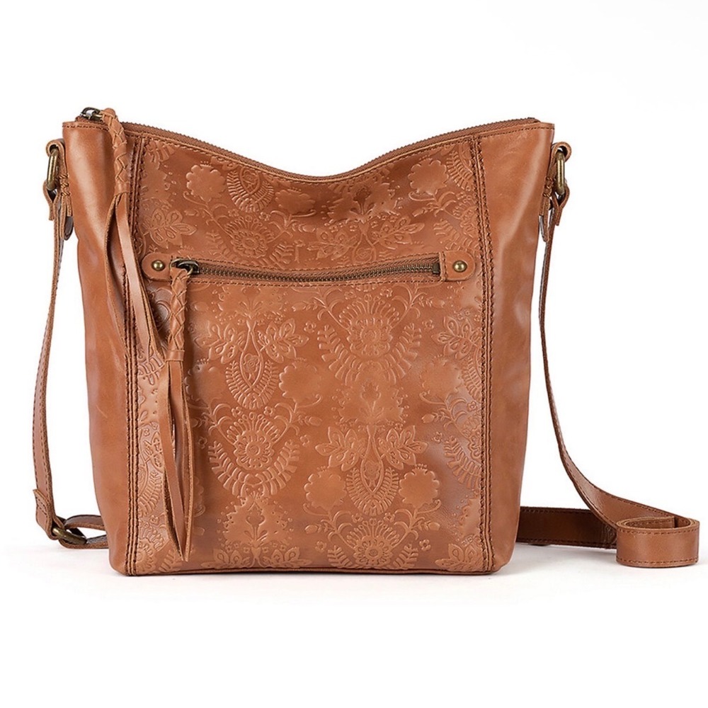 The Sak Sequoia Leather Crossbody Bag Tobacco Floral Embossed Brown